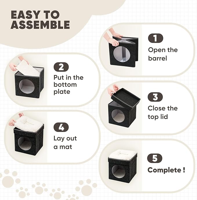 B FSOBEIIALEO Cat House Cube Small Dog Cubes for Indoor Cats Folding Cat Ottoman, Cat Cave, Stackable Cat Condo for Kitten, with Removable Soft Sleeping Bed, Felt and Engineered Wood 12.6"(Dark Grey)