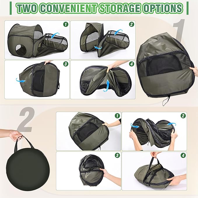 Portable Cat Playpen with Surround Tunnel, 2-Linked-Enclosed Areas, Ideal Cat Tent Outdoor or Cat Playpen for Indoor Cats Enclosed.Breathable Mesh Design for Indoor & Outdoor Use(Green)
