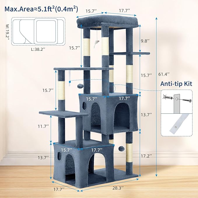 61.4 Inch Cat Tree, Large Cat Tower with Sisal Scratching Posts, 2 Spacious Cat Beds, Hanging Ball & Top Perch, Ideal for Large Indoor Adult Cats, Light Blue