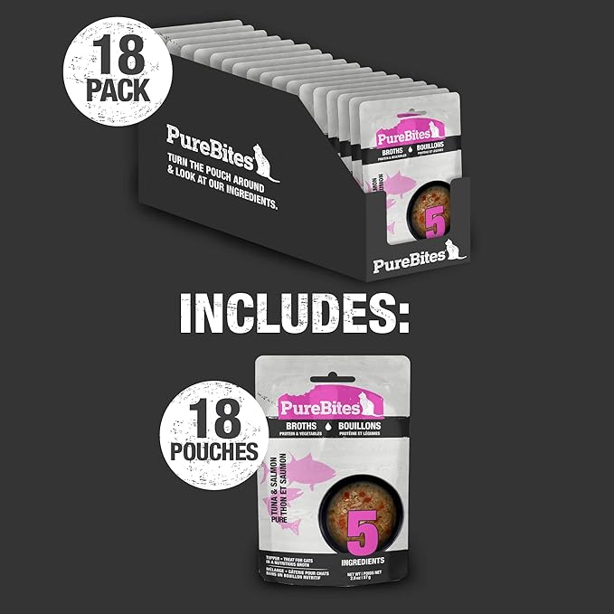 PureBites Tuna & Salmon Broths for Cats, Only 5 Ingredients, Case of 18
