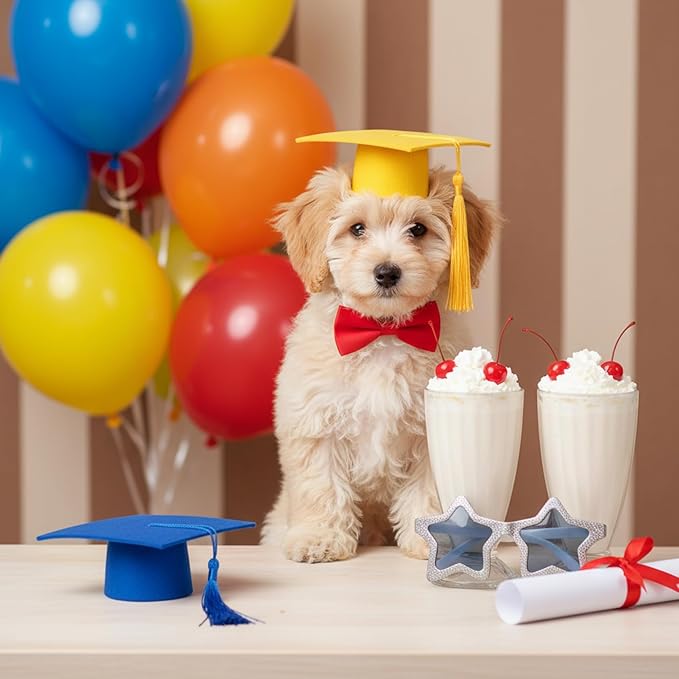 Mini Graduation Caps with Tassel, 2 Pack Gold and Blue Mini Graduation Caps, Small Animal Bachelor Hats for Adjustable Pet Graduation Photo Props Cat Dog Holiday Costume Accessories