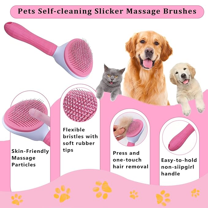 7PCS Dog Grooming Brush Kit for Shedding and Matted Fur, Self-Cleaning Slicker Brush with Undercoat Rake, Flea Comb for Long-Haired Pets, Pink