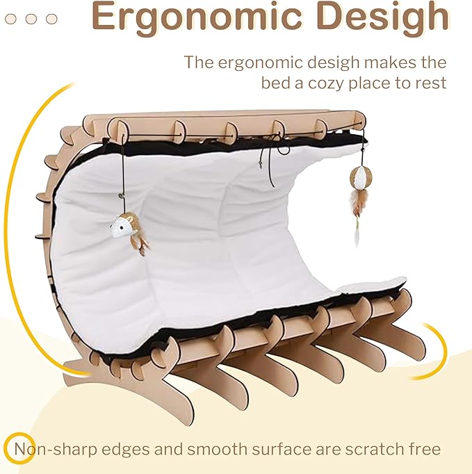 Jerry & Maggie Cat Hammock Bed for Cat Lounger, Wood Cat Beds for Indoor Cats, Cute Kitty House Furniture Toy with Soft Cozy Washable Removable Seat for Sleeping Playing and Lounging, C Shape
