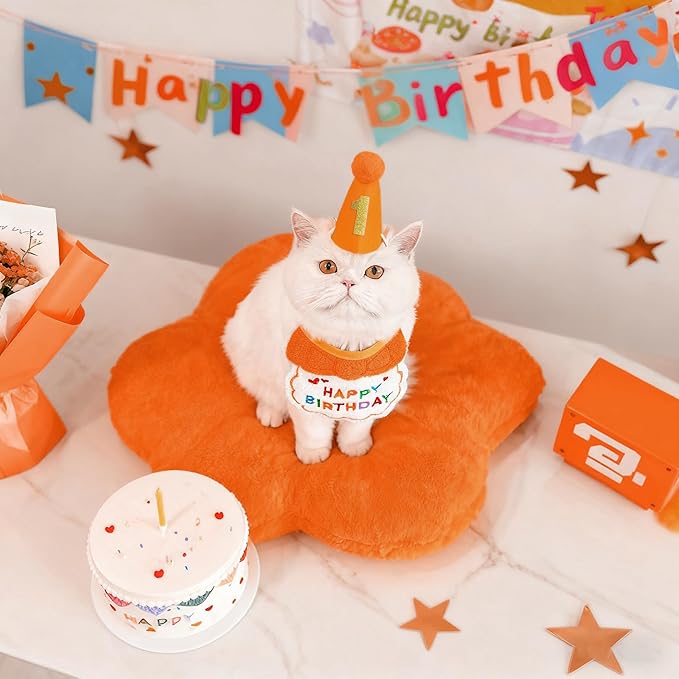 Reusable Cat Birthday Decorations Set - Adjustable Cat Birthday Hat & Bandana with Age Numbers | Kitty Celebration Kit for Memorable Milestones（Orange）