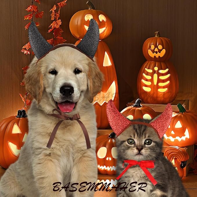 2Pcs Halloween Devil Horns Headband for Dogs Cats Cute Pet Costume Red Black Demon Horn Hat Cosplay Dress Up Hair Hoop Accessories for Kitten Puppy Halloween Holiday Party Supplies (S)
