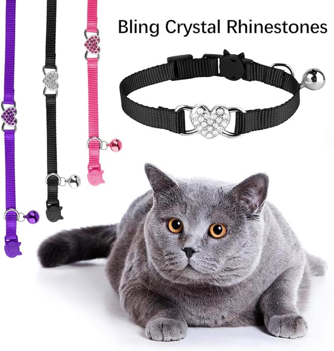 Mtliepte 2 Pcs Cat Collars Heart Bling Breakaway with Bell Nylon Adjustable for Kitty(Black+Purple)