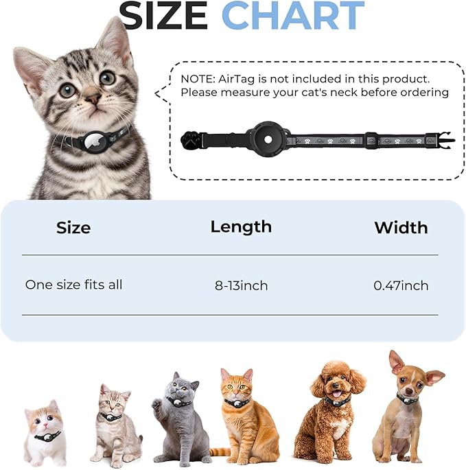 Breakaway AirTag Cat Collar, Reflective Cat Tracker Collar with Air Tag Holder and Bell, Safety Elastic Band Cat GPS Collars for Girl Boy Cats, Kittens and Puppies (Black, 8-13'')