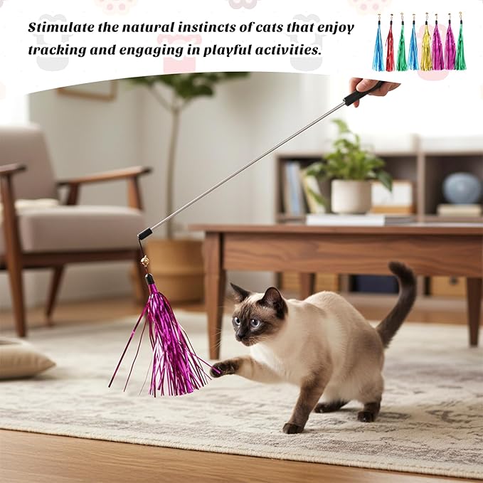 8 Pcs Cat Wand Toy Replacement with Bell Metallic Foil Tassel, 9 Inches Interactive Wand Toys for Indoor Cats for Most Cats Chase Exercise with Kitten (Multi Colored)