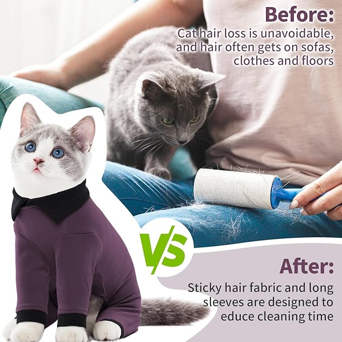 T'CHAQUE Sticky Hair Cat Clothes, Professional Recovery Suit for Cats, Anti-Shedding Shirt Outfit, Soft Pajamas for Kittens, Post-Surgery Onesie for Male & Female Cats, Fuchsia, XX-Large