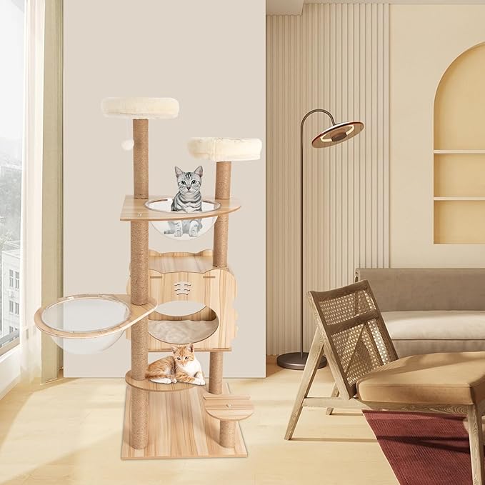 Modern Cat Tree Tower, Indoor Multi-Level Large Cat Condo with Scratching Posts & Acrylic Dome, Floor Standing MDF 54 Inch Round Top Perch Cats Furniture Bed House for Kitten