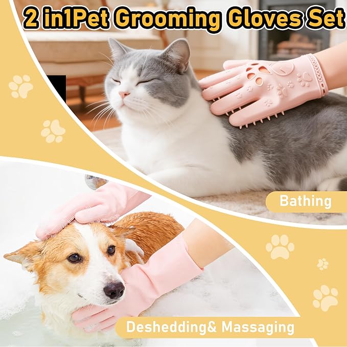 Hair Removal Glove & Pet Grooming Gloves 2 Pair, Upgrated Silicone Pet Hair Remover Gloves Shedding Glove for Long & Short Hair, Bath Grooming Glove with Gentle Brush for Horse Sensitive Pets, Pink
