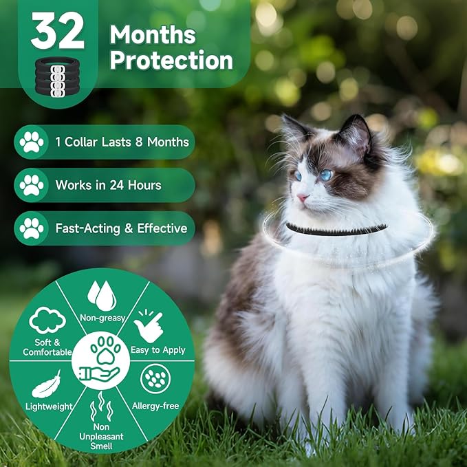 4 Pack Cat Flea Collars, Cat Flea and Tick Treatment, 32 Months Protection Flea and Tick Prevention for Cats, Waterproof Flea Collar for Cats, Black