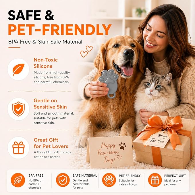 Cat Brush Silicone Pet Grooming Brush for Cats & Dogs, Soft Flexible Deshedding for Removing Loose Fur, Easy to Clean, Waterproof, for Short & Long Hair, Orange White Gray (Grey)