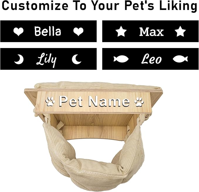 Personalized Hanging Cat Bed, Cat Hammock with Cushion, Wood Wall Mounted Cats Shelf, Wooden Furniture Perch for Playing Sleeping Scratching, Your Pet Gifts