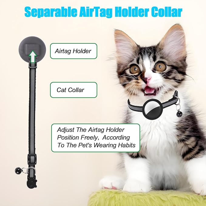 Reflective Cat Collar Fits for AirTag Holder, Breakaway Safety Buckle, Bell & Adjustable Strap for Cats Kittens - Compatible with Apple AirTag, Anti-Lost Pet Tracker Collar,Black