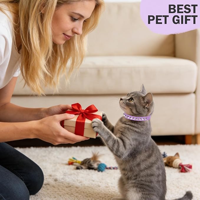 Leather Cat Collars for Boy Girl Cats with Bell and Safety Elastic Belt, Personalized Rivets Stud Adjustable Safe Buckle Collar with Skull Charm for Kitty Small Pets, Halloween Cat Collar