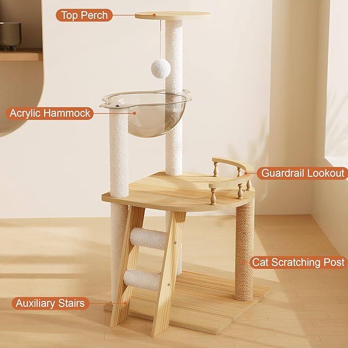 Modern Cat Tree Tower, Solid Wood Cat Condo with Scratching Posts, Multi-Level for Indoor Cats, Indoor Cat Furniture for Large Cats and Kittens (41.3")