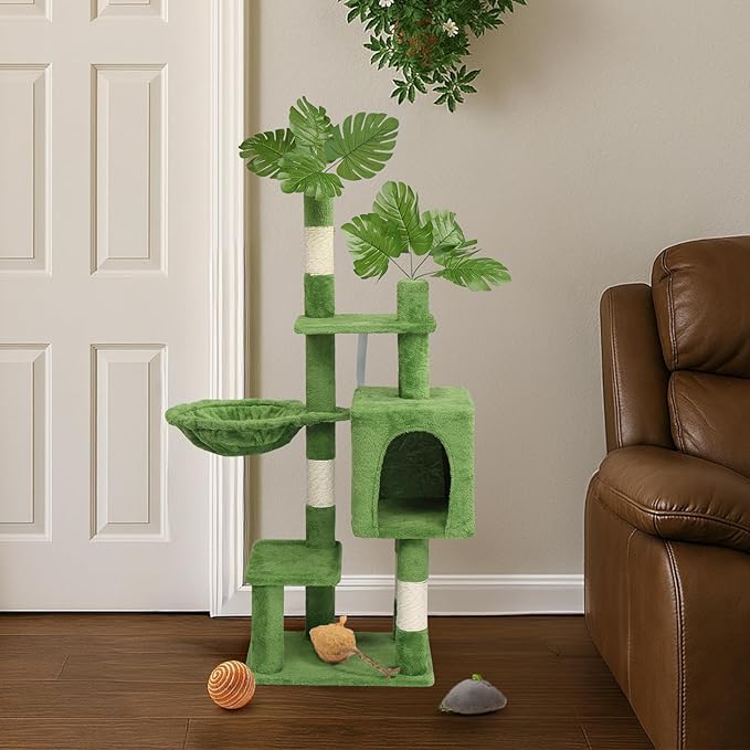 48in High Cat Tree Tower, Cat Tower for Indoor Cats, Include Condo, Hammock, Sisal Scratching Posts, Plush Fabric Wrapped, Tropical Style, Multi-Level Activity Center for Small and Medium Cats, Green