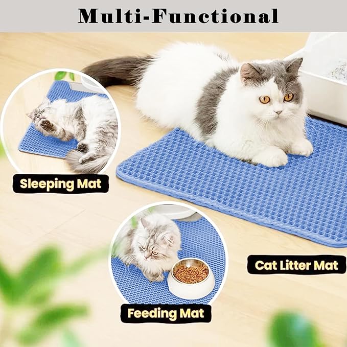 HCY&WLD Cat Litter Mat, Honeycomb Double Layer Cat Litter Trapping Mat, Waterproof Urine Proof Non-Slip, Scatter Control, Less Waste, Easier to Clean (Blue, 35" X 24")