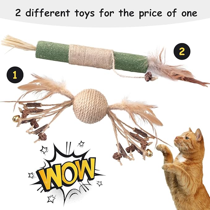 Catnip and Silvervine Toys for Kittens - Natural Chew Toys, Interactive Indoor Cat Teeth Cleaning, Bad Breath Relief, Self-Play Toys (Kicks Chewy Sticks 2-Pack Small Size)