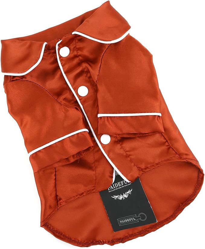 PAIDEFUL Soft Faux Silk Sleepwear for Small Dogs Cats Lapel Doggie Loungewear Lightweight Breathable Puppy Pajamas PJS Two-Legged Pet Shirt Clothes Summer Chihuahua Apparel Button Up,Burgundy,M