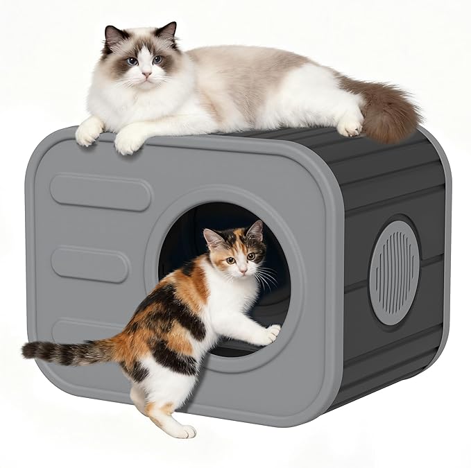 Feral Outdoor Cat House Weatherproof, Insualted Cat Houses for Outdoor Indoor Cats with Camera-Shaped Design, Sturdy Resin Outside Cat Shelter, Easy to Assemble