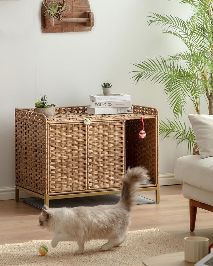 SETVSON Cat Litter Box Enclosure Furniture with Divider, Handwoven Rattan Litter Box with Mat, 31.2 x 19.6 x 24.2 Inches, Metal Heightened Feet, Hidden Cat House for Living Room, Bedroom (Natural)