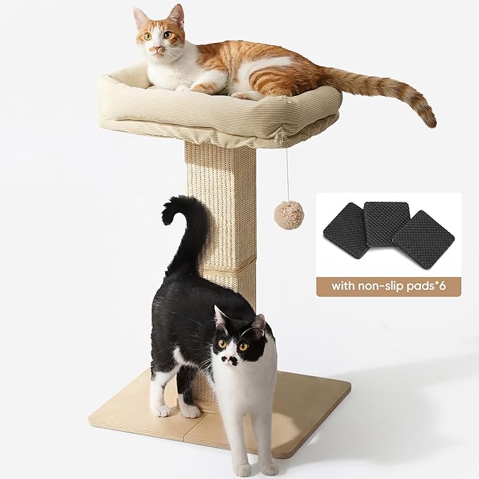 FUKUMARU Cat Scratching Post, Modern Style Tall Scratch Posts with Perch for Infoor Cats Adults, Large Cat Scratcher Tower with Bed, Small Tree with Raised Stand, Natural Sisal & Solid Wood