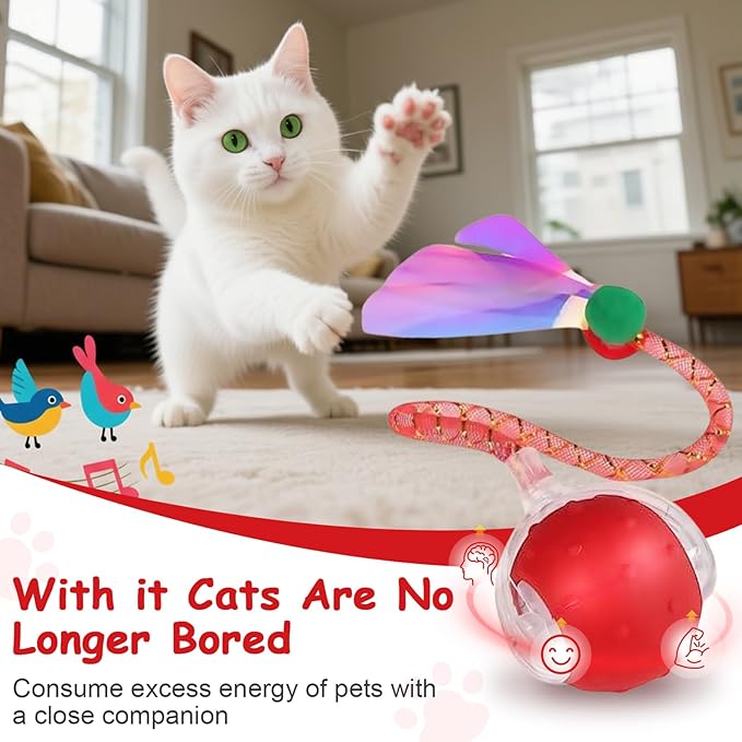 Interactive Cat Toys Smart Ball for Cats & Dogs! Now with 2 Rapid Tails. Features: 360°Auto-Rolling, Motion Activation& Bird Sounds. Perfect for Indoor Pet Exercise & Fun. (Yellow＆Green)