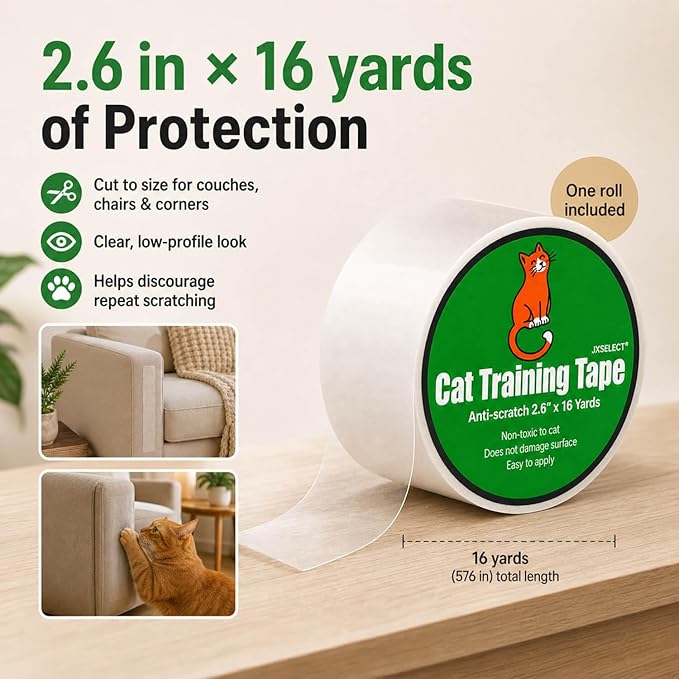 Anti-Scratch Tape for Furniture - Stop Cats from Scratching Couch, Chair Corners, Door Frames, Countertops, and Carpets, Clear Double-Sided Cat Training Tape, 2.5" x 16 Yards Roll