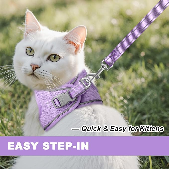 Cat Harness and Leash Set,Escape Proof Kitten Harness,Step in Adjustable Soft Lightweight,Easy Control,Reflective Strips Comfortable for Walking Travel(Violet Purple,XXXS)