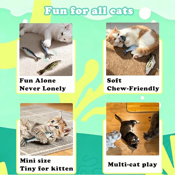 Realistic Floppy Fish Cat Toys, 3 Pack Mini-Sized, Moving Cat Toy Flopping Fish for Indoor Kitten, Sardine/Saury/Bass Interactive Cat Toys, Touch Activated, Rechargeable.