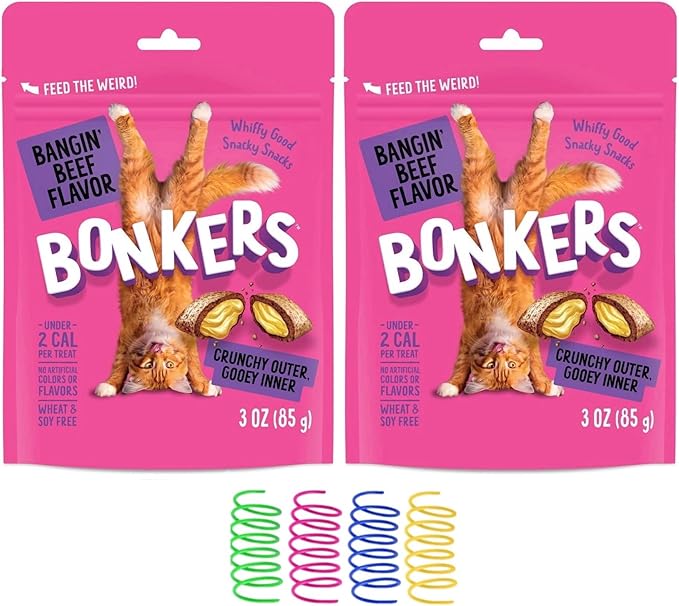 Bonkers Cat Bites, Crunchy & Soft Bangin' Beef Flavor Treats Resealable Bag for All Breeds and Ages 3 oz - 2 Packs with Cat Spring Toys
