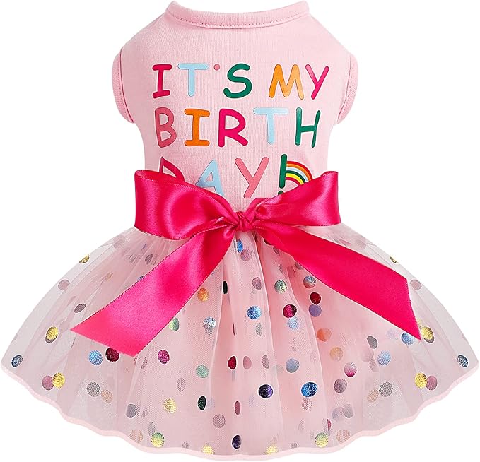Dog Birthday Outfit Clothes for Small Medium Dogs, Print Colorful Polka Dot Mesh Dresses Girl Dog Clothes, Summer Tutu Princess Pet Puppy Clothing Doggie Outfits Cat Apparel, Large, Pink