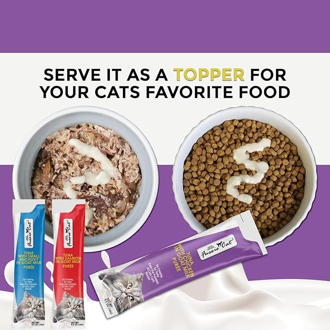 Fussie Cat Premium Puree Lickable Cat Treats in Goat Milk, Tuna Variety Flavor Pack, 3 Packs of 4-0.5oz Tubes,(12 Total Tubes) Variety Tuna Flavor Pack of 3 Flavors + Lid