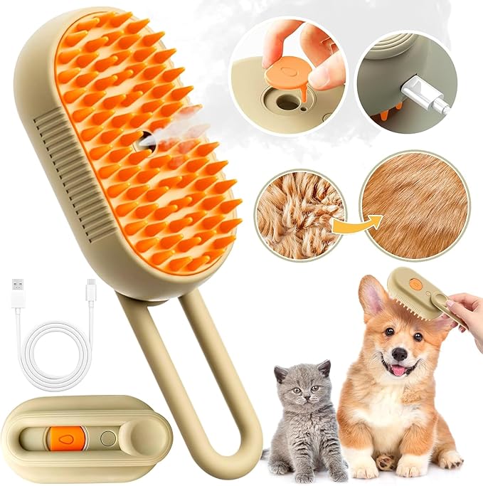 Cat Steam Brush for Shedding, 2026 New 4 in 1 Rechargeable Steam Pet Brushes for Cats & Dogs, Indoor Anti-static Pets Brush for Massage, Cleaning, Shedding & Combing Hair (Beige)