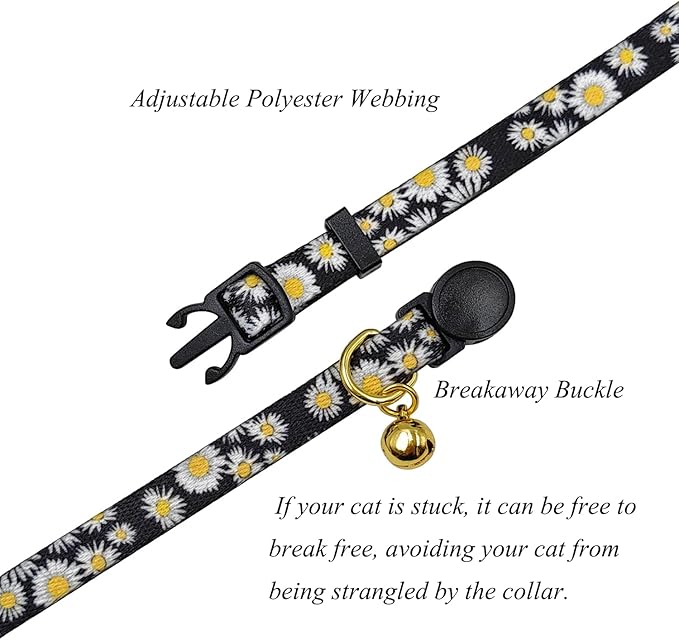 2 Pack Cat Collar, Floral Pattern, Breakaway Safe Release Buckle, Clear Bell, Polyester Material, for Adult Cats.(Leopard+Black Daisy)
