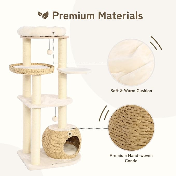 NUNU Modern Cat Tree, Modern Cat Trees Tower, Wooden Cat Tree for Large Cats, 53" Cat Tower for Indoor Cats, Hand-Woven Condo & Top Perch, for Kittens Climb, Play & Rest