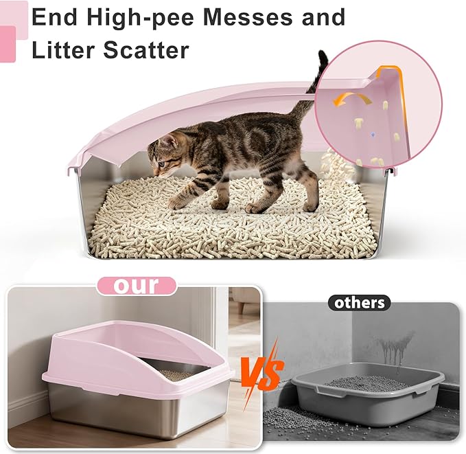 AIPERRO Stainless Steel Litter Box | XL Enclosed Cat Litter Box with Lid for Big Cats | High Sided, Anti-Urine Leakage | Non-Stick Bottom & Includes Litter Mat & Metal Scoop | Cute Pink