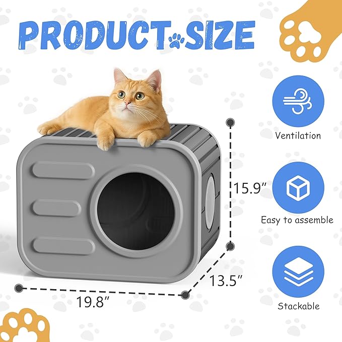 ROJIK Indoor Outdoor Cat House - Weatherproof Insulated Pet Shelter with Elevated Floor, Stackable Design for Bedroom, Patio and Yard Use, Easy Assembly Multi-Functional Cat Bed(Black)