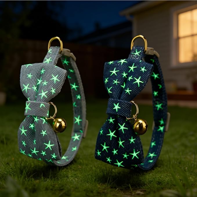 2 Pack Cat Collars with Bell,Glow in The Dark,Cute Star Bow Tie Collar for Cats,Adjustable Safety Breakaway Kitten Collar for Night Walking & Outdoor Use(Adult Cat,GD Star Blue)