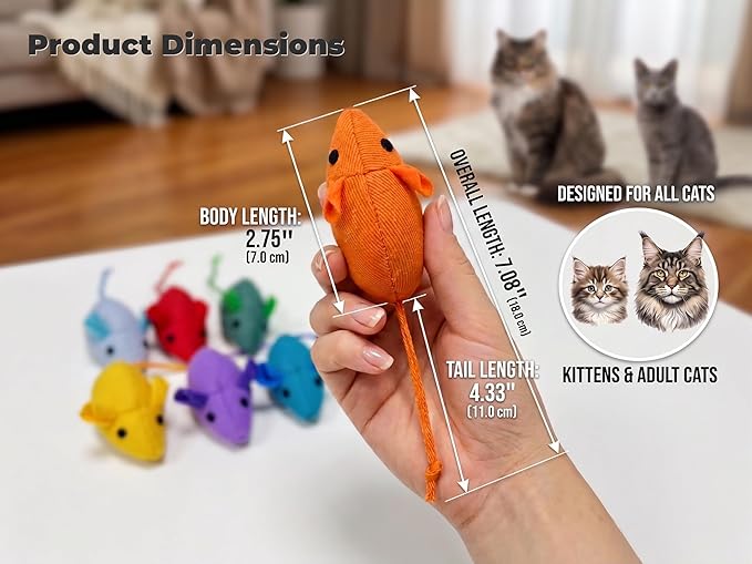 Happi N Pets 7 Pack Catnip Toy Mouse, Colorful Rainbow Cat Mouse Toy for Indoor Cats, Durable Poly Twill Interactive Kitten Toys for Bored Adult Cats, Soft Stuffed Chew Mice