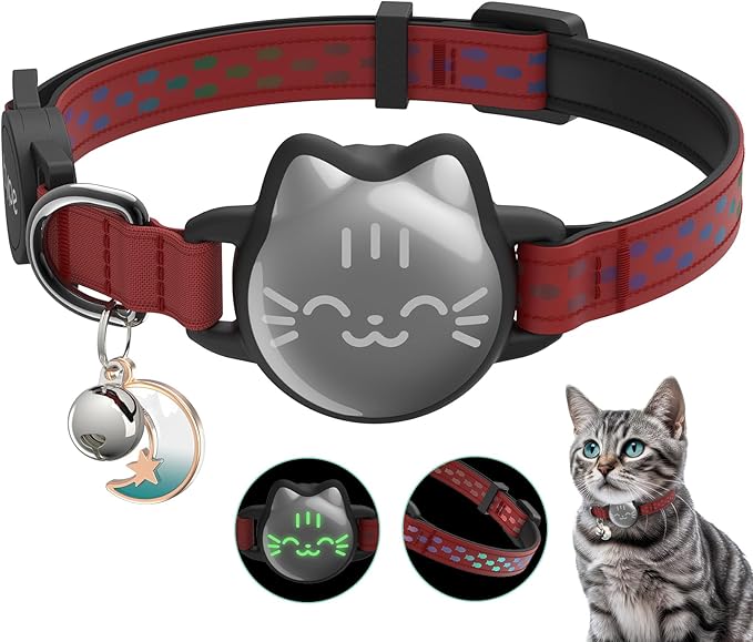 Waterproof Airtag 2nd & 1st Cat Collar, Breakaway Cat Airtag Collar with Luminous & Reflective Pattern Strap, Lightweight Kitten Collar for Apple Air tag, Hidden Holder for GPS Tracker - Cats, Kittens