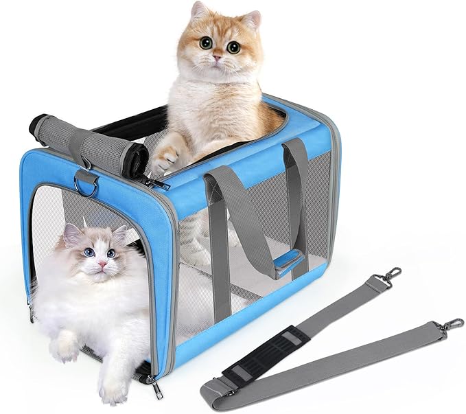 Cat Carrier for Large Cats up to 20 Lbs,Soft-Sided Pet Carrier for Large and Medium Cats, Small Dogs,Puppies,Collapsible Dog Carrier Travel Bag with 2 Storage Bags,4 Mesh Windows (Blue, Medium)