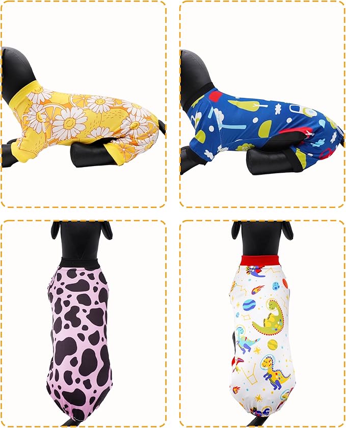 PET SHOW 4 Pack Small Dog Pajamas Dog Clothes for Medium Dogs Girl Boy Soft Stretchy PJs Dinosaur Car Jumpsuit Puppy Daisies Cow Jammies Onesies Outfits with Sleeve Pets Costume, M