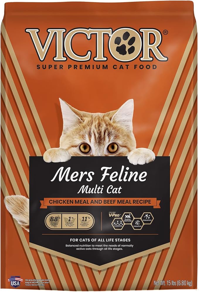 VICTOR Super Premium Cat Food – High-Protein Mers Feline Dry Cat Food with Chicken, Beef, Pork and Fish Meal for Normally Active Cats – All Breeds and All Life Stages from Kitten to Adult, 15 lb