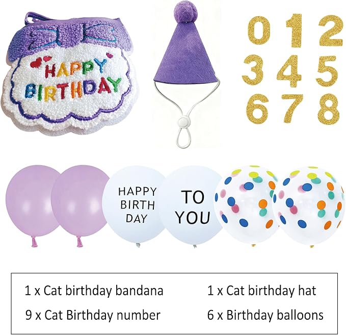 Reusable Cat Birthday Decorations Set - Adjustable Cat Birthday Hat & Bandana with Age Numbers | Kitty Celebration Kit for Memorable Milestones（Purple）