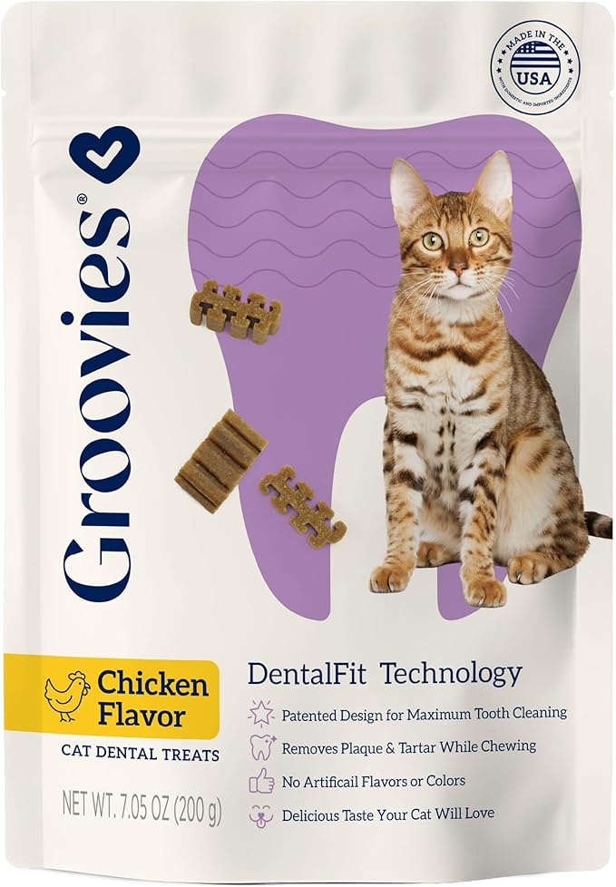 Groovies Cat Daily Dental Treats. Tasty, Crunchy Bites Cats Love. Chicken Flavor. Powered by USA-Patented DentalFit Technology. No Added Gluten, No Artificial Flavors or Colors. 7.05oz (460 Treats)