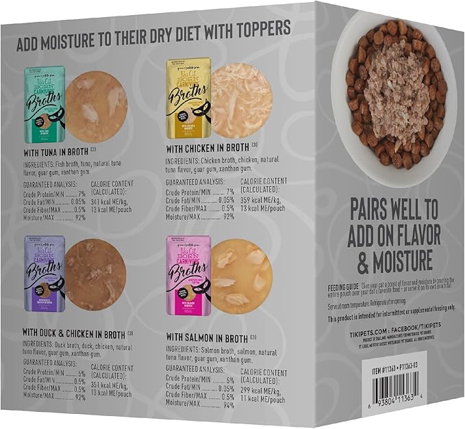Tiki Cat Born Carnivore Broths Wet Cat Food Toppers, Variety Pack, 1.3 oz. Pouch (12 Count)