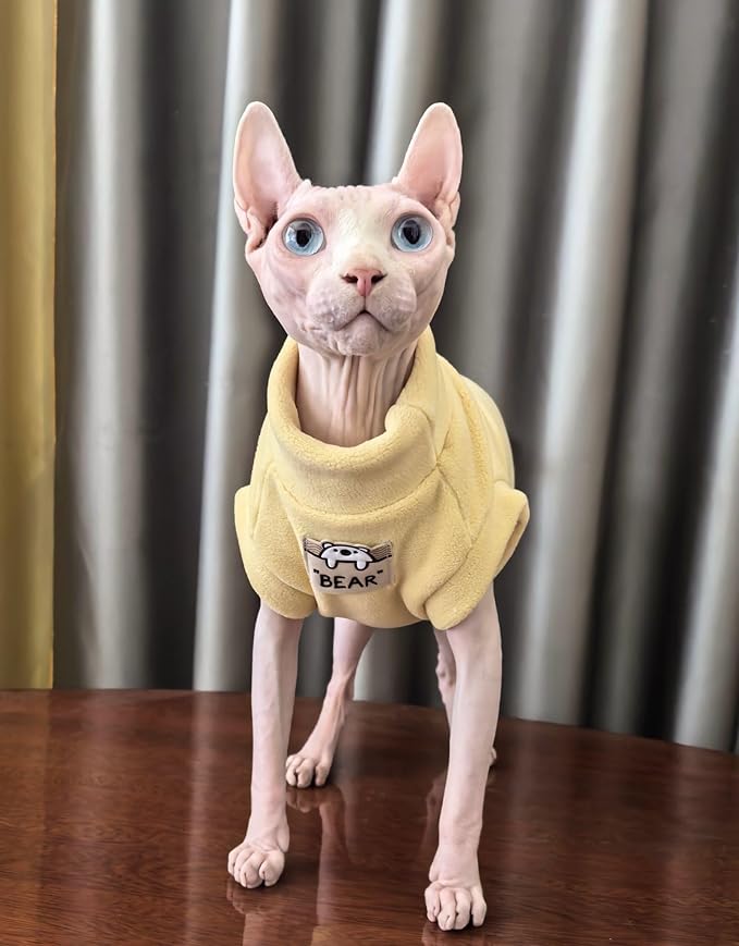 Sphynx Cat Clothes Hairless Cat Warm Fleece Vest Elastic Winter Sweater Outfit, Pet Clothes for Sphynx Cat Coat for Cats and Small Dogs Apparel, Hairless cat Shirts Sweaters (Yolk, Medium)